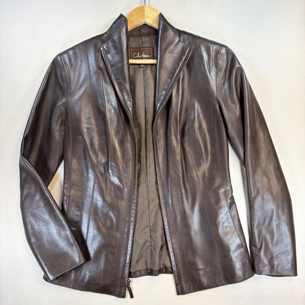 Cole Haan Leather Jacket Womens Size 4-6 Brown Zip Front Moto Blazer Work Travel
